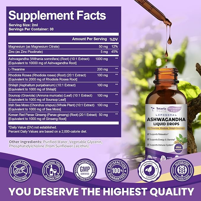 Liposomal Ashwagandha Liquid Drops (7% Withanolides) w/Soursop Bitters, L-Theanine, Magnesium, Shilajit, Maximum Absorption, Natural Energy, Cortisol Health for Women & Men, Non-GMO, 2 Fl Oz