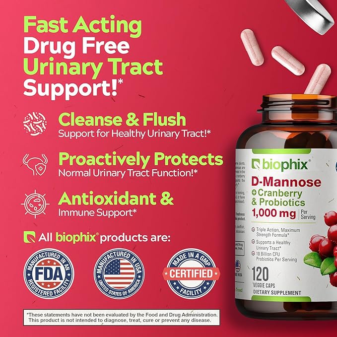 biophix D-Mannose 1000mg Capsules with Cranberry & Probiotics - D Mannose Supplements for Women - D-Mannose Pills for Urinary Tract & Bladder Health Support - Digestive Well-Being - 120 Vcaps