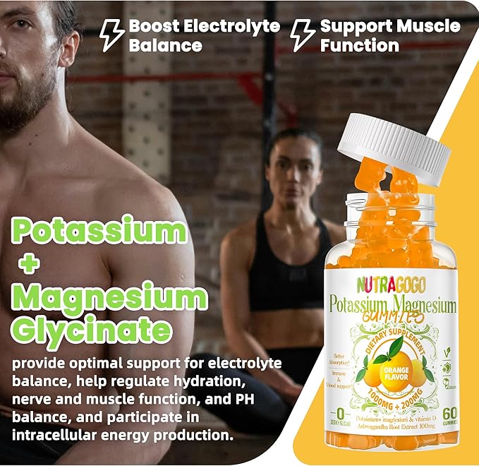 Potassium Magnesium Gummies,Potassium Supplement w/Ashwagandha,High Absorption Magnesium Glycinate,B6,D3,Potassium Citrate for Leg Cramps,Muscle,Electroyte for Adults Kids,Sugar-Free, 60 Gummies