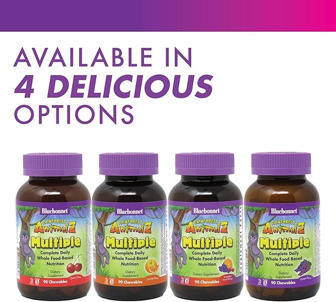Bluebonnet RainForest Animalz Multiple Complete Daily WholeFood Based Supplement Blend Multivitamin & Essential Minerals for Immune Health & Nutrient Support - Gluten-Free - 90 Cherry Chewable Tablets