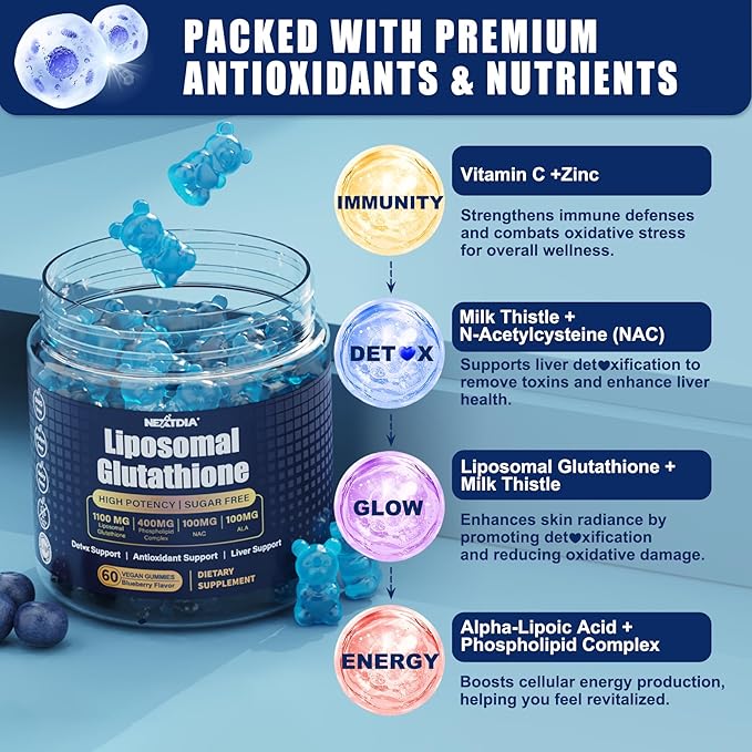 1100mg Liposomal Glutathione Gummies for Women, Active L-Glutathione Reduced (GSH) with Vitamin C, Phospholipids, ALA, NAC & Milk Thistle, Antioxidant for Anti-Aging, Immune & Cleansing, Vegan, 120 ct