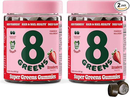 8Greens Supergreens Beauty Gummies with Collagen & Biotin | Super Greens Powder Superfood Gummy for Healthy Skin, Hair, Nails, Glow, and Firmness, Superfood Booster, Strawberry Flavored, 100 Count