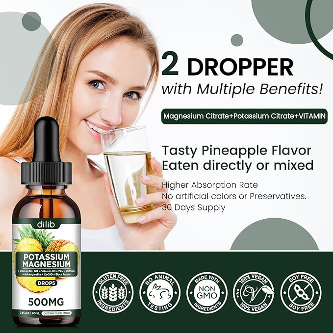Potassium Magnesium Citrate Supplement, Liquid Magnesium Citrate Drops 500mg with Ashwagandha, Calcium, Zinc, Vitamin D3, B6, B12, CoQ10 - Vegan 2 fl oz Pineapple Flavor