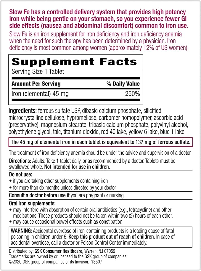 Slow Fe 45mg Iron Supplement for Iron Deficiency, Slow Release, High Potency, Easy to Swallow Tablets - 60 Count