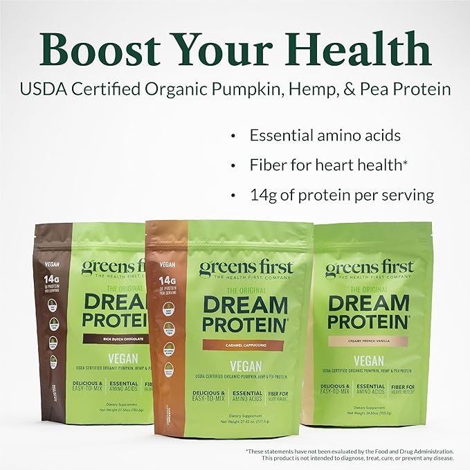 Greens First Dream Protein Plant-Based Vegan Powder - USDA Organic Pumpkin, Hemp & Pea Protein - Gluten-Free, Non-GMO, No Added Sugar (Creamy French Vanilla, 24.8 oz)