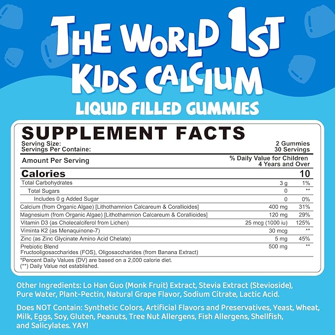 Sugar Free Kids Calcium Gummies with Prebiotics (FOS) 500mg, High Absorption Vegan Algae Calcium for Bone Growth, Kids Vitamin Gummies for Healthy Development with D3 K2, Grape Flavor, Non-GMO, 60 Cts