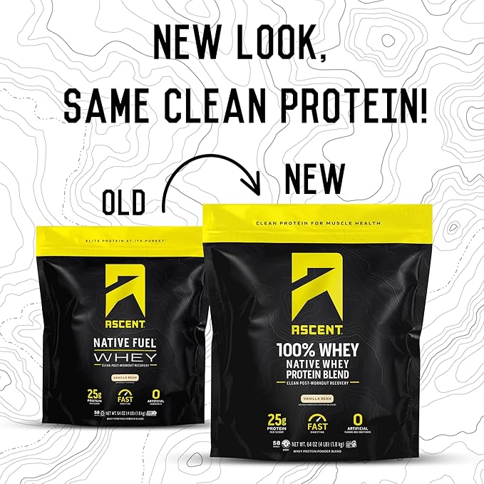 Ascent 100% Whey, Native Whey Protein Blend - Clean Post Workout Recovery, Digesting, Zero Artificial Flavors & Sweeteners, Gluten Free, 5.5g BCAA, 2.6g Leucine, Vanilla Bean 4 lb.