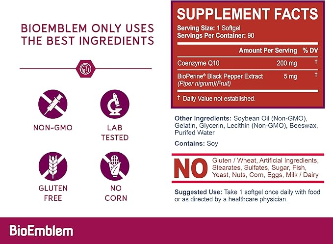 BioEmblem CoQ10 with BioPerine - 200mg Softgels, Superior Absorption - Coenzyme Q10 Antioxidant for Energy Production, Heart Health - Natural Form, Non-GMO CoQ10 Supplement - 90 Count
