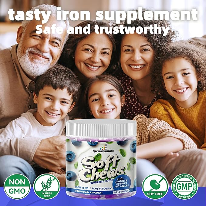 Iron Supplement Chews with Vitamin C for Women Men and Kids, Natural Vegan Iron Soft Chew with Vitamin B6,B12,D, Calcium & Zinc - Energy Support, 60 Blueberry SoftChews,2 Month Supply