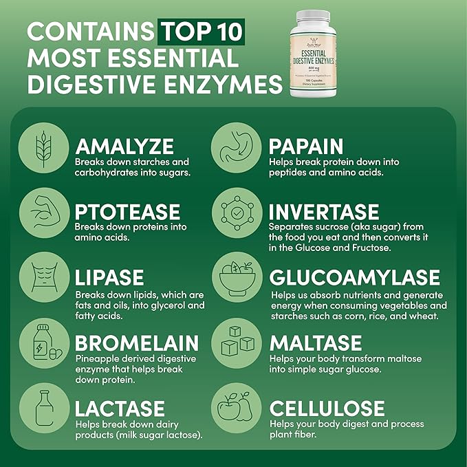 Digestive Enzymes - 800mg Blend of All 10 Most Essential Digestive and Pancreatic Enzymes (Amylase, Lipase, Bromelain, Lactase, Papain, Protease, Cellulase, Maltase, Invertase) by Double Wood
