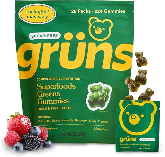 Gruns Adult Sugar-Free Super Greens Gummies - Superfood Gummy Bears with Spirulina, Chlorella & Prebiotics for Digestive Health - Adaptogens Supplement with 20 Vitamins & Minerals - 1 Month Supply