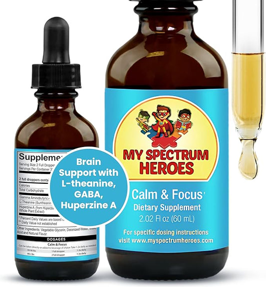 Calm & Focus Supplement Drops - Brain Support with L-theanine, GABA, Huperzine A - Enhance Focus for Kids or Adults - Boost Concentration for Kids & Teens - 2.02 FL oz. (60 ml)