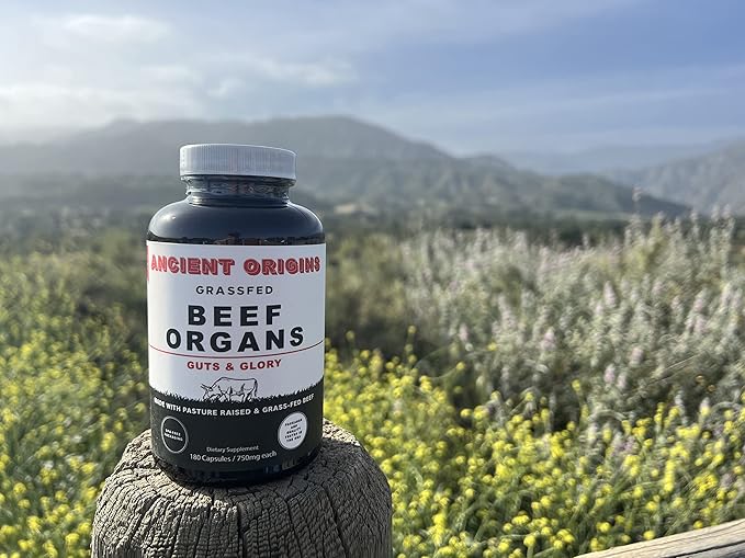 Ancient Origins Grass Fed Beef Organs Supplement 4500mg - Desiccated Liver, Bone Marrow, Heart, Spleen, Pancreas & Kidney, Non-GMO, Gluten Free, Undefatted (180 Capsules, 750mg Each)