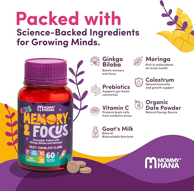 Chewable Chocolate Kids Multivitamin with Probiotic, Vitamin C, Ginkgo Nut, Colostrum, Moringa - Kids Vitamins Immune Support, Complete Gut-Brain Connection, Helps with Attention and Focus