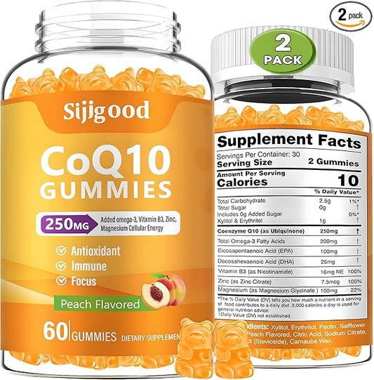 2 Pack CoQ10 Gummies, Plus Omega-3, Vitamin B3 and Zinc, Magnesium, 5X High Absorption Coenzyme Q10 Supplements, q10 for Boost Cellular Energy, Potent Antioxidant & Brain, Peach Flavor, 120 Cts
