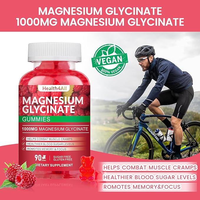 Magnesium Glycinate Gummies 1000mg, High Absorption Sugar Free Magnesium Potassium Supplement for Relaxation, Stress Relief, and Sleep Support for Adults & Kids - 90 Raspberry Gummies