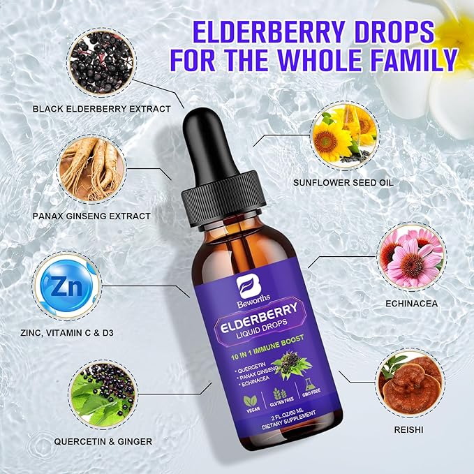 Elderberry Syrup | Quercetin Black Elderberry Liquid Drop with Quercetin, Panax Ginseng for Immune Support | Sambucus Elderberry with Vitamin C and Zinc, D3 | Vegan | Non-GMO | Original
