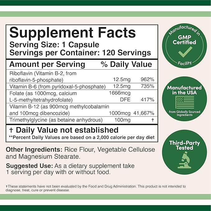 Methylated Multivitamin (Methylated and Activated Vitamins Only - Methylated B Complex with Trimethylglycine (TMG) and Methylfolate)(Non-GMO, Gluten Free MTHFR Supplement) 120 Capsules by Double Wood