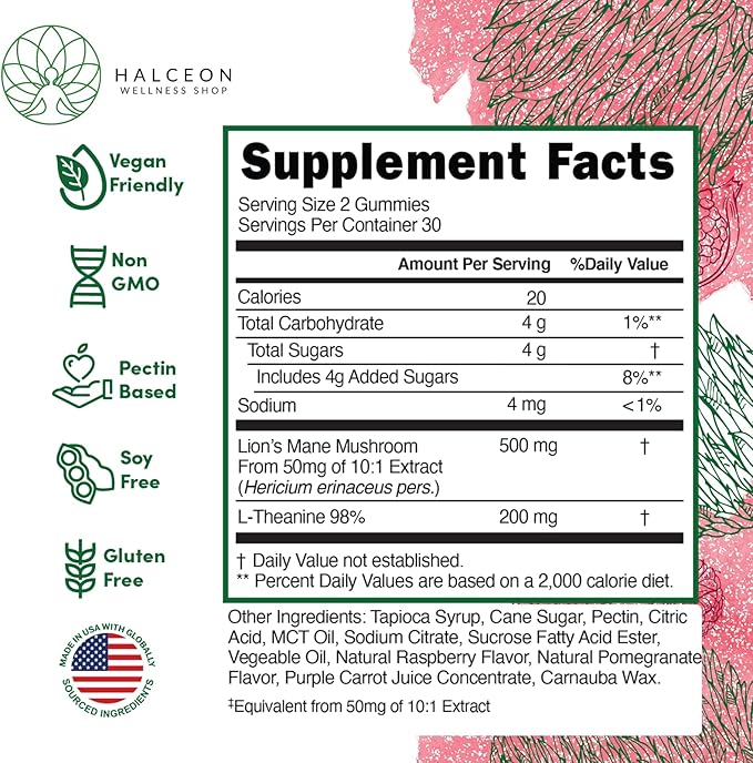 Halceon Wellness Mushroom Gummies - Lion's Mane Mushroom and L-Theanine Supplement for Brain Health - Nootropic Mushroom Supplement - Non-GMO Vegan Lion Mane Mushroom Gummies for Focus - 60 Count