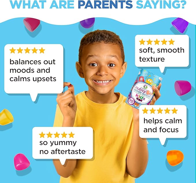 NUTRAMIN Kids Mood Boost Vegam Vitamin Gummy: Calming Magnesium Citrate Supplement for Children with Ashwagandha & Vitamin B Complex to Relax & Focus - Sugar-Free, Allergy-Safe, Non-GMO 90 ct