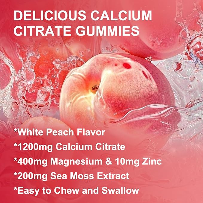 Calcium Citrate 1200mg Gummies with Vitamin D3 K2 - Chewable Calcium Magnesium Zinc d3 Supplement with Sea Moss Extract for Bone, Teeth, Immune Support for Women & Men, White Peach Flavor - 60 Gummies