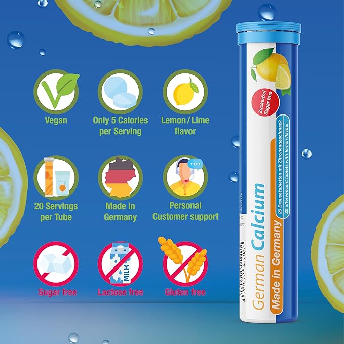 German Calcium 60 Drink Effervescent Tablets - Lemon Lime Flavour - 500 mg Calcium, Sugarfree, Vegan- T&D Pharma – Made in Germany