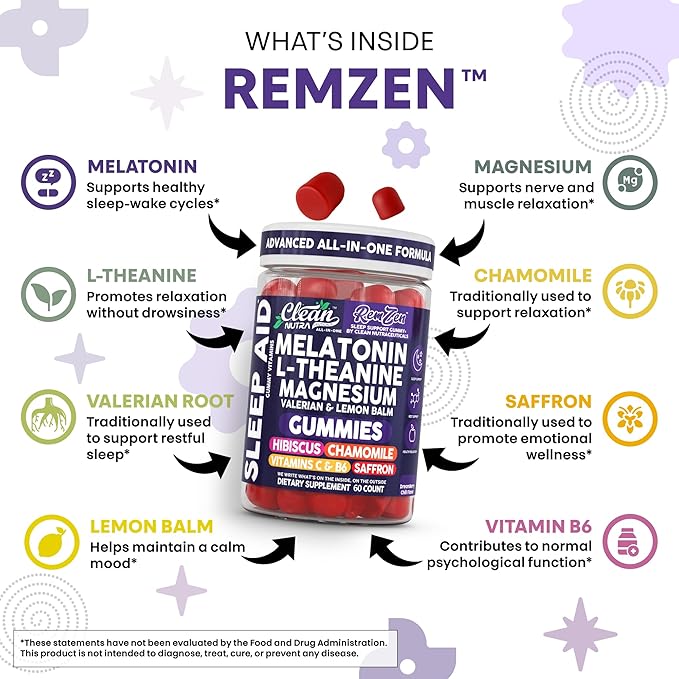 Clean Nutra Melatonin Gummies L Theanine Magnesium Valerian Root Lemon Balm Chamomile Vitamin C Gummy Saffron Sleep Aid Calm Vitamin B6 Stress Relief Hibiscus Relax Mood Happy Supplement Men Women