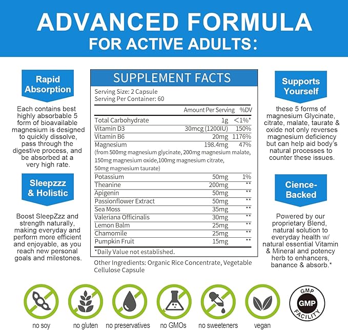 Magnesium Complex Chelated Magnesium Glycinate w/Malate, Taurate& Herbal Extracts for Support Sleep, Muscle,Cortisol & Heart Health, Gluten Free, Vegan, Non GMO, High Absorption,120 Capsules
