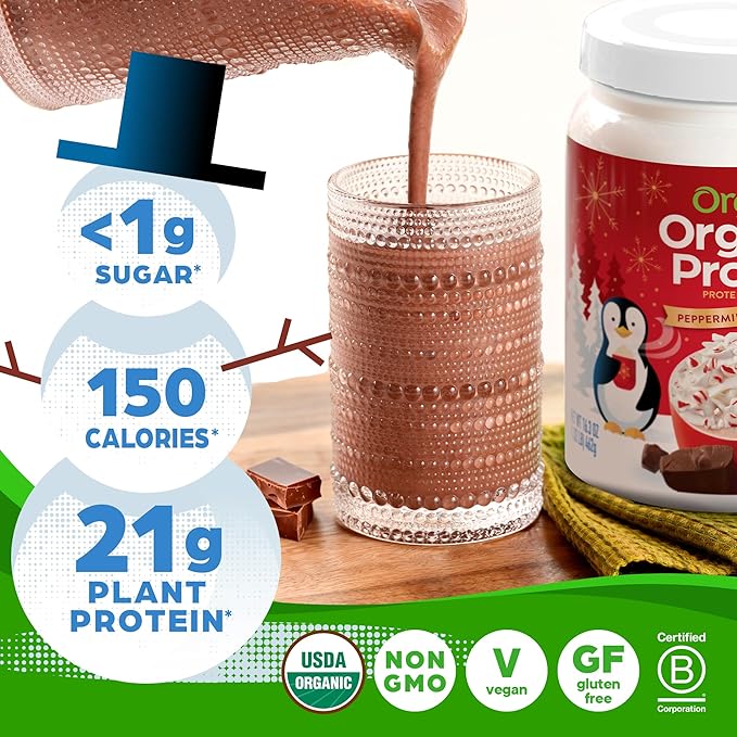 Orgain Organic Vegan Protein Powder, Peppermint Hot Cocoa Holiday Flavor - 21g of Plant Protein, 5g Prebiotic Fiber, No Lactose Ingredients, No Added Sugar, Non-GMO, For Shakes & Smoothies, 1.02 lb