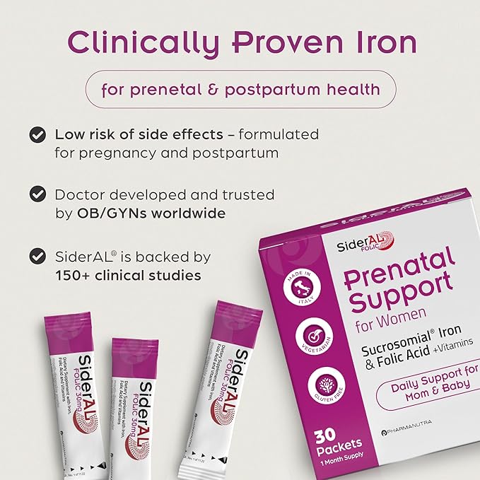 SiderAL Prenatal Vitamins for Women | Clinically Proven Iron Supplement for Women with Folic Acid, Vitamin C, D, B6, & B12 | Trusted Multivitamin for Pregnancy & Energy Support | 30 Powder Sticks
