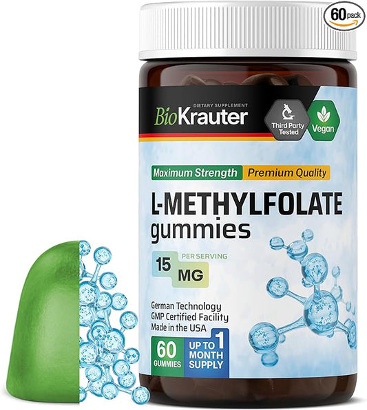 BIO KRAUTER L Methylfolate Gummies - 25 mg DFE - 60 Vegan Chews - MTHF Supplement - Folate Supplement - Folic Acid Gummies (Vitamin B9) - Gelatine-Free Formula