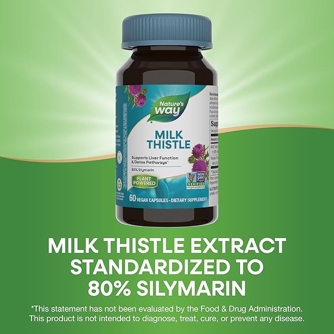 Nature's Way Milk Thistle, Supports Liver Function & Detox Pathways*, 175 mg Milk Thistle Seed Extract Standardized to 80% Silymarin per Serving, Vegan, 60 Capsules (Packaging May Vary)