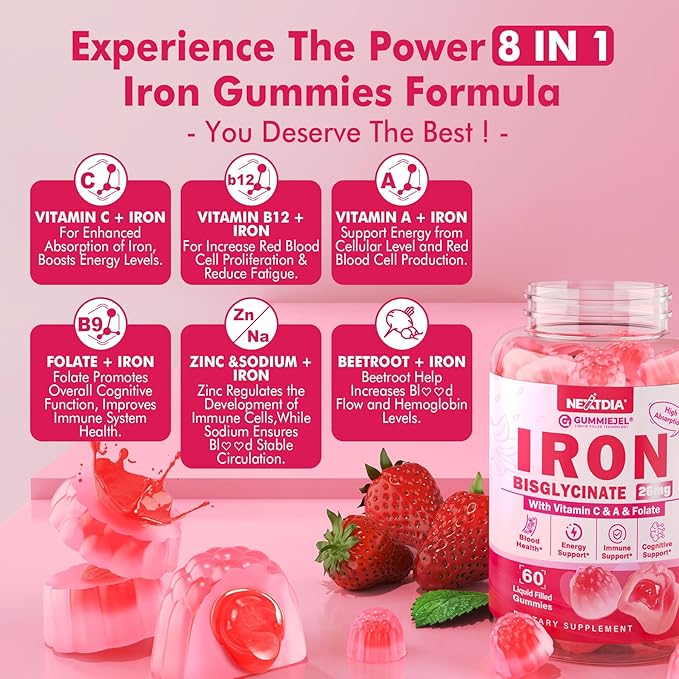 Vegan Iron Supplement for Women 26mg, Iron Gummies w/Vitamin C, Beetroot, Folate, B12, Zinc, for Iron Deficiency, Energy Boost, Non-Constipating, No After Taste, Strawberry Flavor, Sugar-Free 60Cts