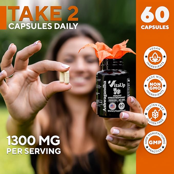Ashwagandha Capsules 1310mg - USA Made Ashwagandha Supplements with Black Pepper - Ashwagandha Root Extract for Relaxation Support, Normal Cognitive Function & Balanced Energy Levels – 60 Caps
