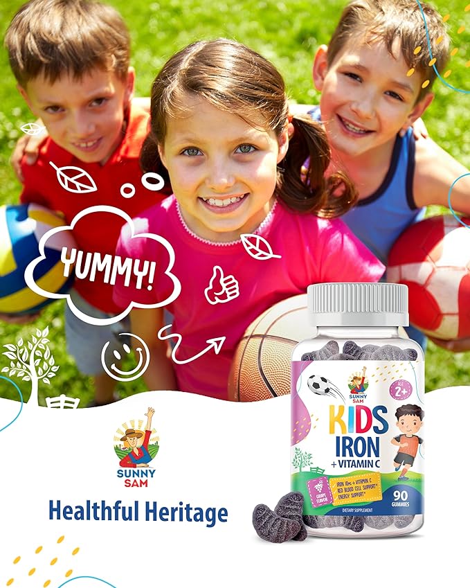 SUNNY SAM Iron Gummies for Kids & Teens - 10mg Iron Vitamins with Vitamin C - Low-Sugar Chewable Gummy Supplement for Immune Support, Supports Red Blood Cell Production for Children & Teen Girls