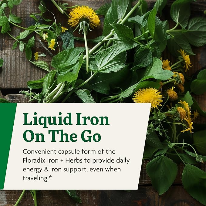 Floradix Iron + Herbs - Iron Supplement for Healthy Energy Support - Vegan, Non-GMO, Gluten-Free, Soy-Free - 60 Liquid Phyto-Caps