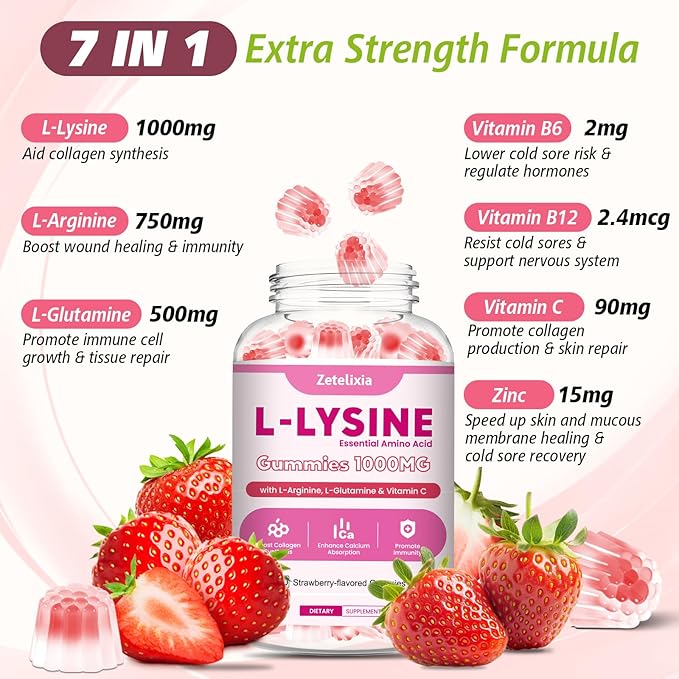 1000mg L-Lysine Gummies, Lysine Gummies Supplement for Adults & Kids, Essential Amino Acid with L-Arginine, L-Glutamine, Vitamin for Lip & Skin, Immune, Calcium Absorption, Strawberry Flavor, 60Ct