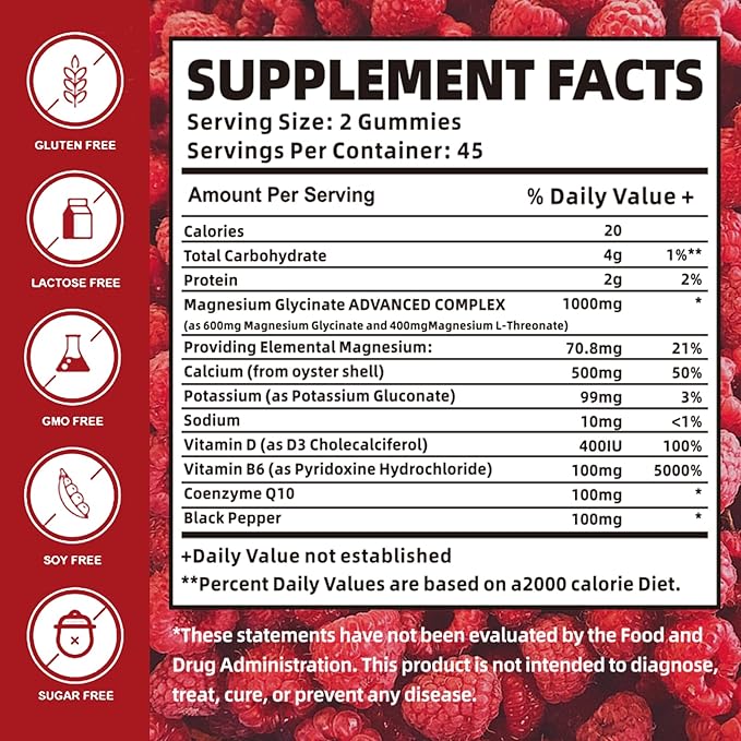 Magnesium Glycinate Gummies 1000mg with Magnesium L-Threonate,Chelated Magnesium Potassium Complex Supplement with VitD, B6, CoQ10, Calcium,Supports for Memory, Calm, Mood - 90 Gummies
