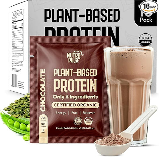 Organic Vegan Protein Powder Sample Pack - Plant-Based Protein, Gluten-Free, Non GMO, 20g Protein Per Serving, Great for Smoothies & Shakes (Chocolate, Pack of 16)