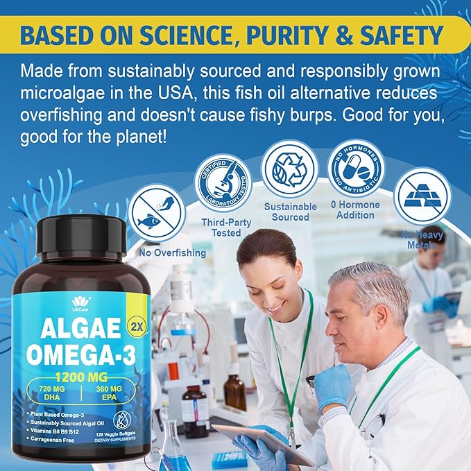 Fish Oil Alternative 1200mg, Omega-3 Supplement for Women Men, Vegan Algae Oil Science Backed 2:1 Ratio DHA 720mg EPA 360mg, Plant Based Omega-3 Softgels for Brain Eye Immunity, No Fish Taste, 120Cts