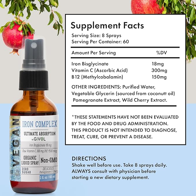 Iron Supplement - 18mg Bisglycinate Complex with Vitamin C & B12 for Energy & Immunity Boost, Vegan Liquid Spray, Optimal Absorption - Non-GMO, Sugar-Free, (60 ml) 60 Days Supply
