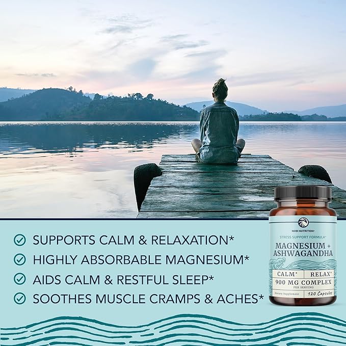 Magnesium Ashwagandha | Calming Magnesium Supplement for Adults | Relax, Rest, Calm Mood & Sleep Support | Mag Citrate & Oxide 400 mg + Ashwagandha 500 mg | Muscle Health & Stress Relief | 120 Ct