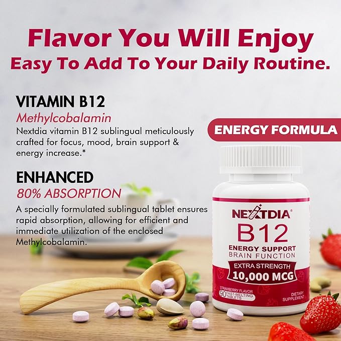 B12 Vitamins 10,000 mcg, Methylated Vitamin B12 Sublingual - Energy Boost, Focus, Metabolism & Brain Health Support, Immune System Support, Fast Dissolve, Natural Strawberry Flavor, 270 Servings