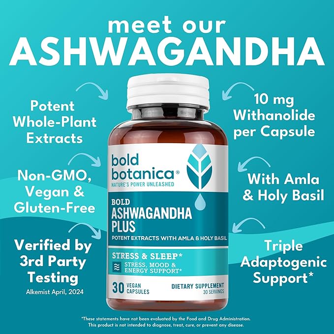 Ashwagandha Plus – Stress, Mood, Memory & Energy Support – Potent Extracts of Root and Leaf with Amla & Holy Basil – Triple Adaptogenic Formula – One Capsule Daily – 30 Vegan Caps