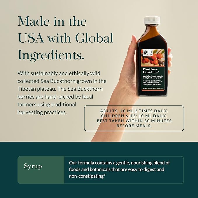 Gaia Herbs Plant Force Liquid Iron - Vegetarian Iron Supplement to Help Maintain Healthy Iron & Energy Levels - with Star Anise, Sea Buckthorn, Beet Root, Dandelion & Nettle - 8.5 Fl Oz (25 Servings)