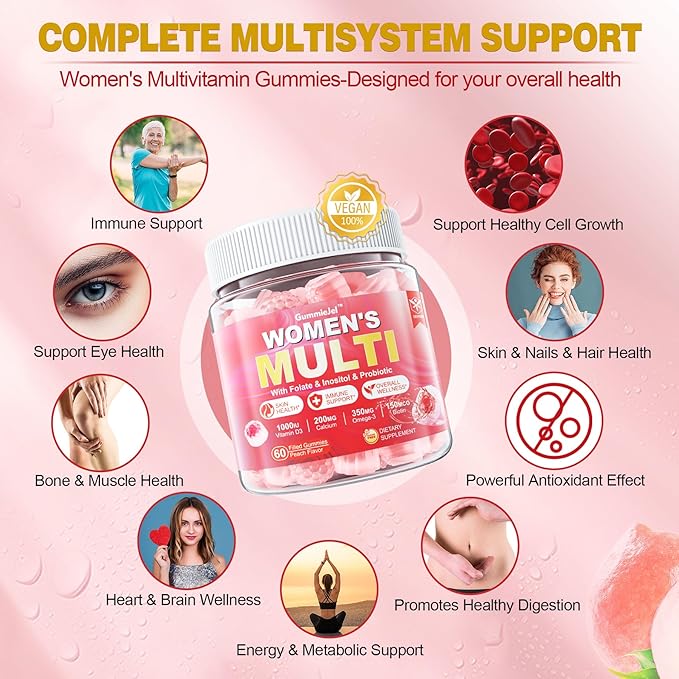 Sugar-Free Womens Multivitamin Gummies, Methylated Multivitamin for Women/w Omega-3, Calcium, Enzymes & Probiotic, Vitamin A, C, D3, Folate, Biotin, Inositol - Skin, Hair Growth, Immune, Bone - Vegan