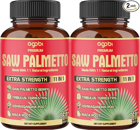 2 Packs 60 Counts 4 Months - Saw Palmetto Capsules 5300 mg - 11in1 with Ashwagandha, Turmeric, Tribulus, Maca, Green Tea, Holy Basil & More - Extract for Prostate, Skin & Immune Support
