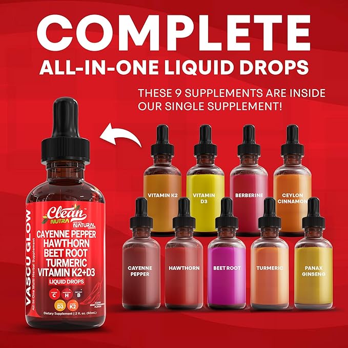 Clean Nutra Cayenne Pepper Drops Supplement Liquid + Hawthorn Berry, Vitamin D3 K2 Beet Root Powder, Ceylon Cinnamon, Turmeric Curcumin, Organic Panax Ginseng, Berberine Extract Organic (5)