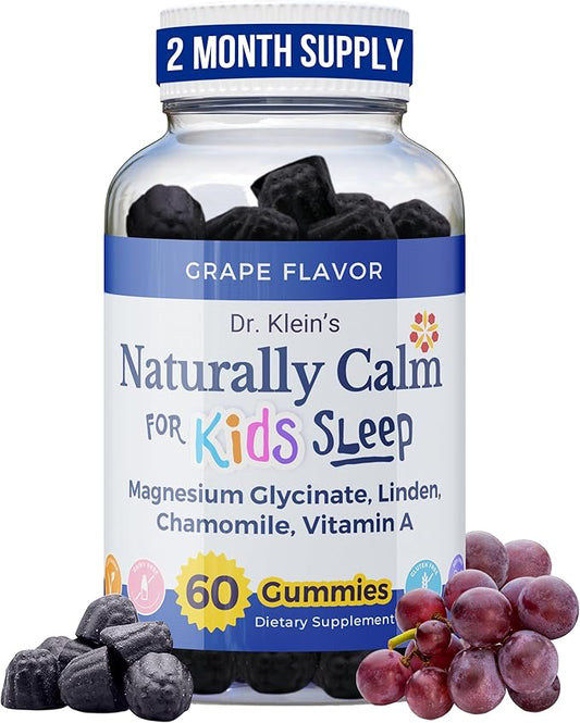 Dr. Klein's Naturally Calm Gummies for Kids - with Magnesium Glycinate, Linden & Vitamin A for Soothing Kids Ages 5+ - Vitamins to Aid Sleep - Chamomile Gummies - Calm Chews - Grape Sugar-Free 60ct