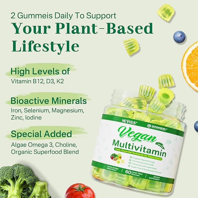 Algae Calcium Gummies 600mg with Vegan Multivitamin for Women Men with Iron, Vitamin B12, A, D3, K2, Algae Omega 3, Magnesium, Zinc